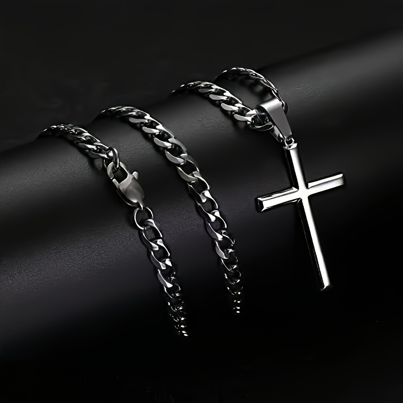 925 Sterling Silver Solid Cut Bevelled Cuban Chain Cross Pendant Necklace